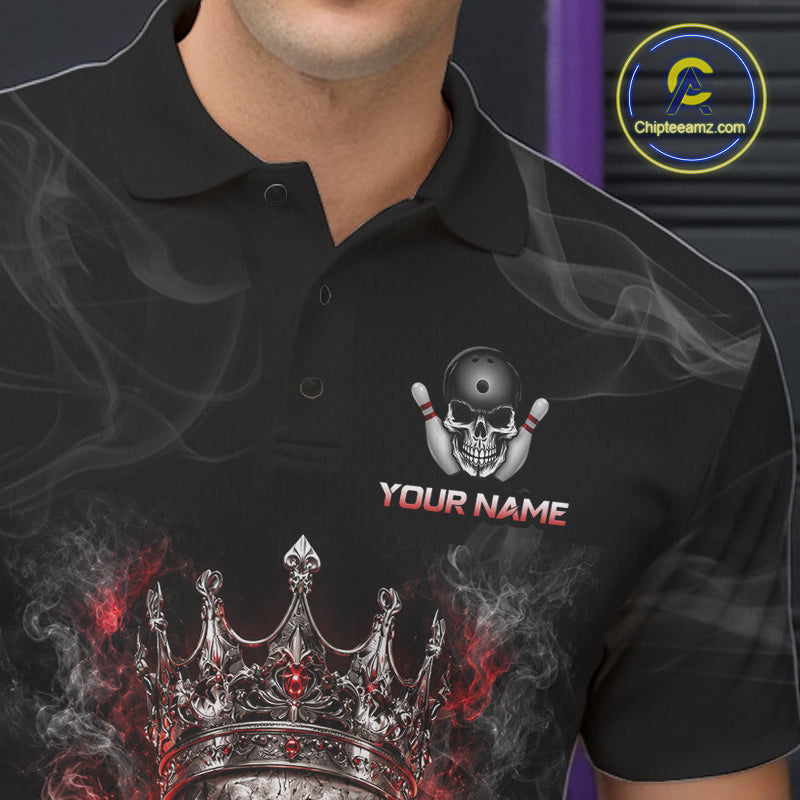 Custom Smoke Silver Crown Skull Bowling Jersey Red Grunge Bowling Polo 1/4-Zip Shirt