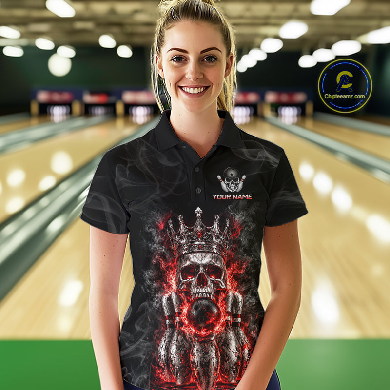 Custom Smoke Silver Crown Skull Bowling Jersey Red Grunge Bowling Polo 1/4-Zip Shirt