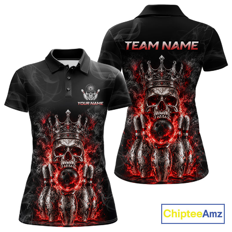 Custom Smoke Silver Crown Skull Bowling Jersey Red Grunge Bowling Polo 1/4-Zip Shirt