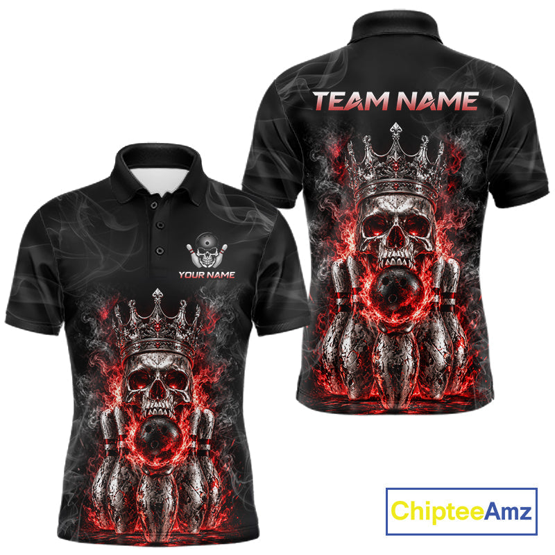 Custom Smoke Silver Crown Skull Bowling Jersey Red Grunge Bowling Polo 1/4-Zip Shirt