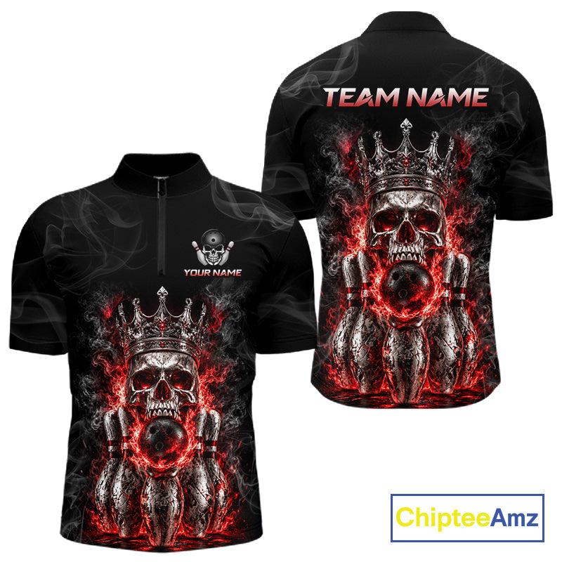 Custom Smoke Silver Crown Skull Bowling Jersey Red Grunge Bowling Polo 1/4-Zip Shirt