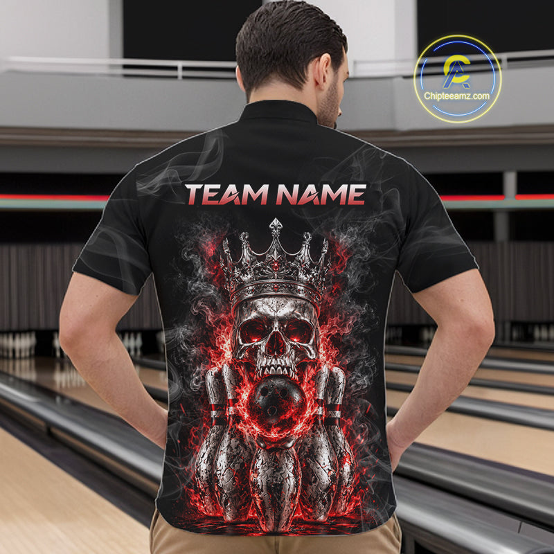Custom Smoke Silver Crown Skull Bowling Jersey Red Grunge Bowling Polo 1/4-Zip Shirt