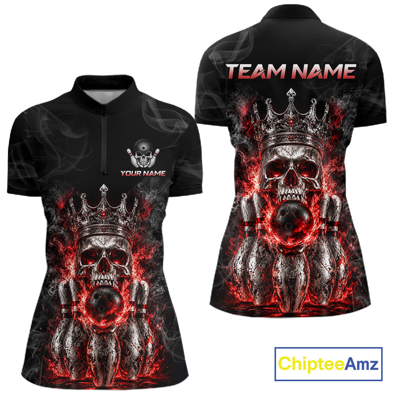 Custom Smoke Silver Crown Skull Bowling Jersey Red Grunge Bowling Polo 1/4-Zip Shirt