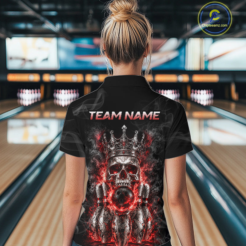 Custom Smoke Silver Crown Skull Bowling Jersey Red Grunge Bowling Polo 1/4-Zip Shirt