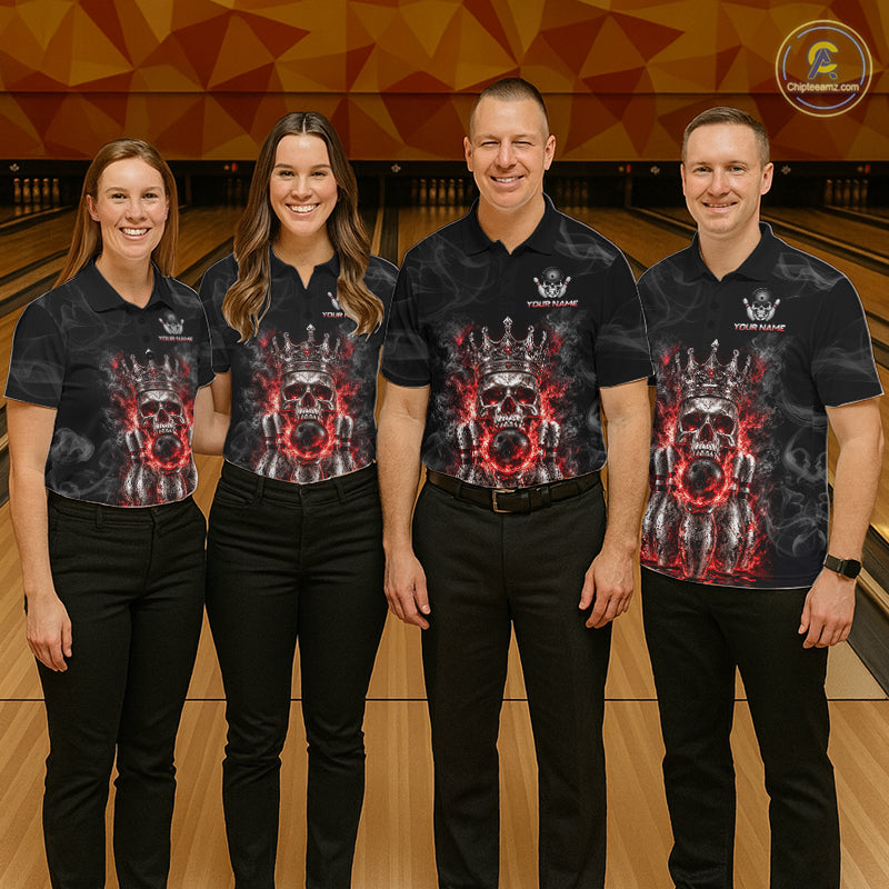 Custom Smoke Silver Crown Skull Bowling Jersey Red Grunge Bowling Polo 1/4-Zip Shirt