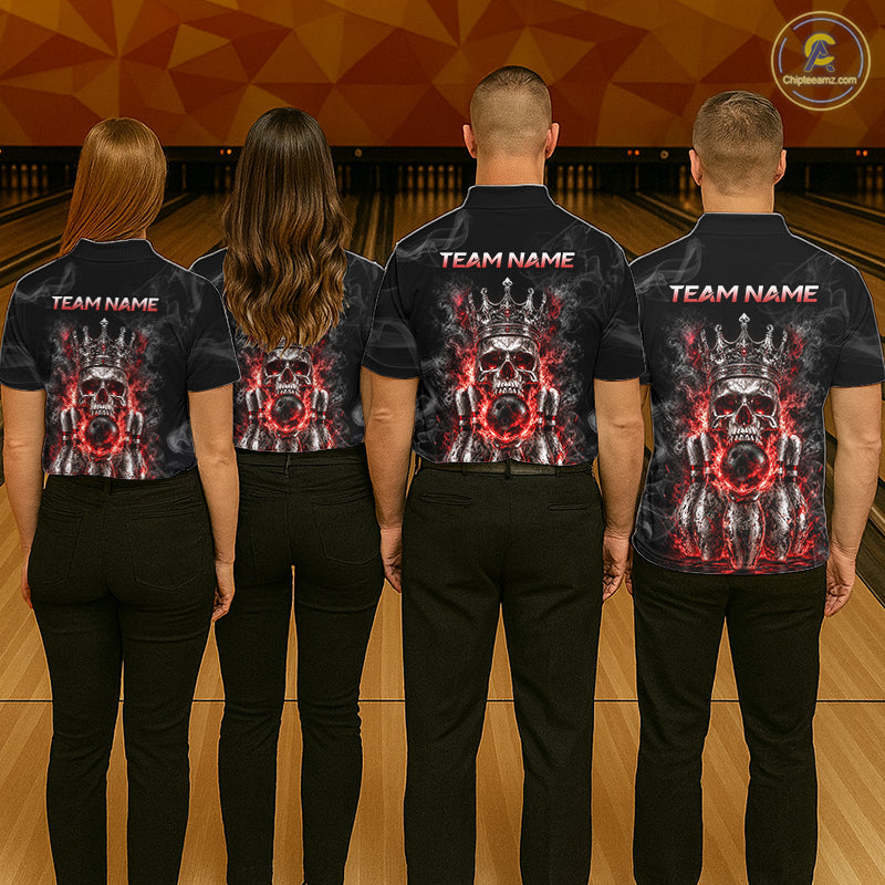 Custom Smoke Silver Crown Skull Bowling Jersey Red Grunge Bowling Polo 1/4-Zip Shirt
