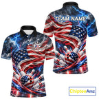 US Flag Bowling Polo 1/4-Zip Shirt Custom Patriot Lightning Bowling Tournament Jersey