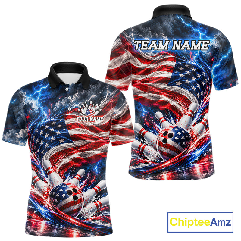 US Flag Bowling Polo 1/4-Zip Shirt Custom Patriot Lightning Bowling Tournament Jersey
