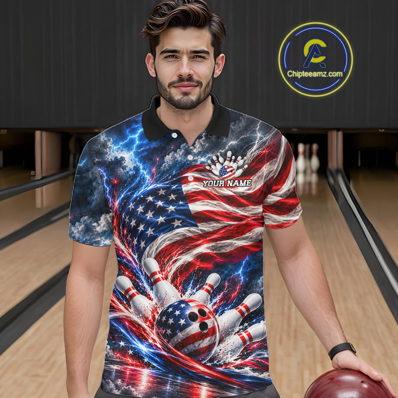 US Flag Bowling Polo 1/4-Zip Shirt Custom Patriot Lightning Bowling Tournament Jersey