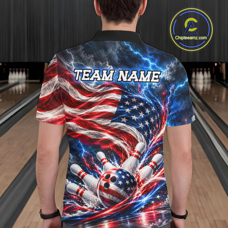 US Flag Bowling Polo 1/4-Zip Shirt Custom Patriot Lightning Bowling Tournament Jersey