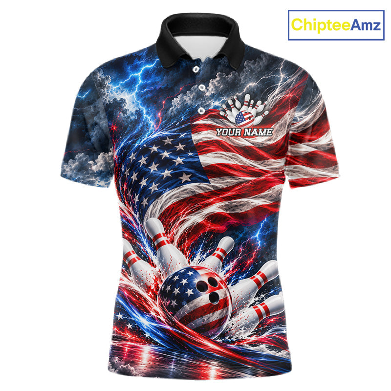 US Flag Bowling Polo 1/4-Zip Shirt Custom Patriot Lightning Bowling Tournament Jersey