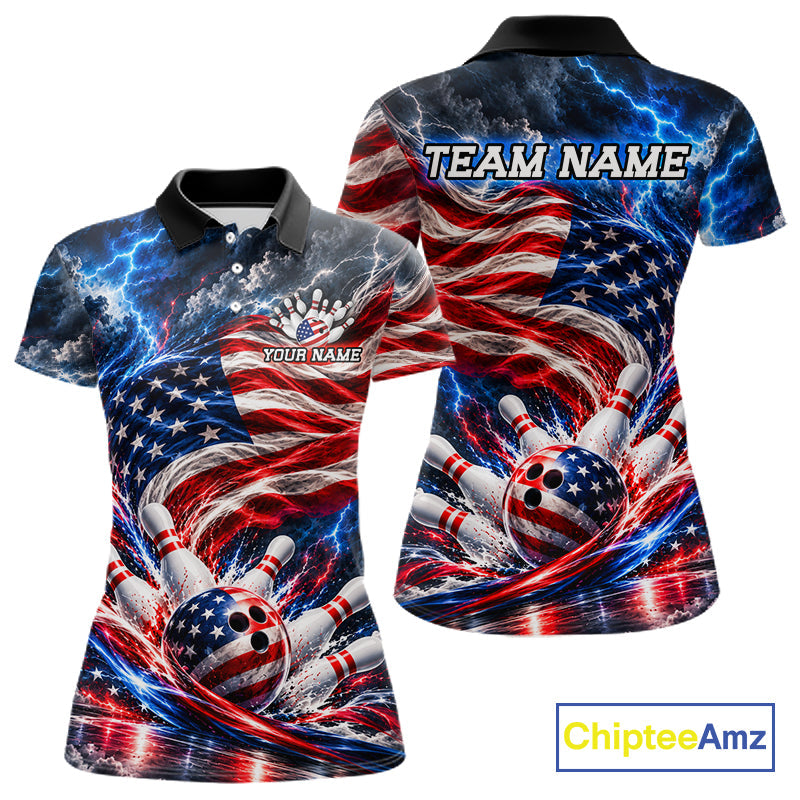 US Flag Bowling Polo 1/4-Zip Shirt Custom Patriot Lightning Bowling Tournament Jersey