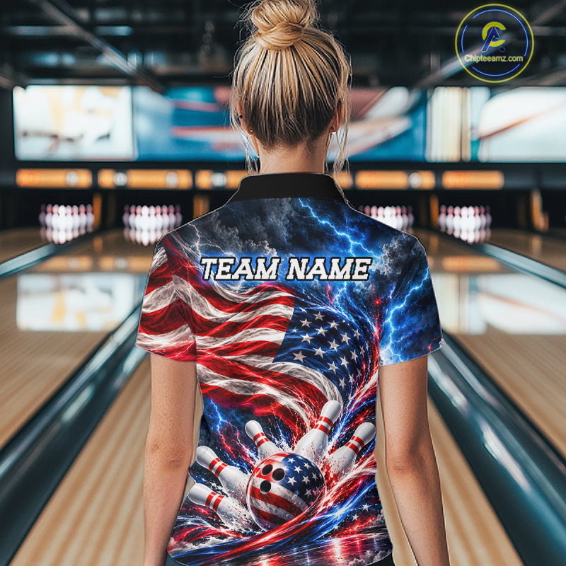 US Flag Bowling Polo 1/4-Zip Shirt Custom Patriot Lightning Bowling Tournament Jersey