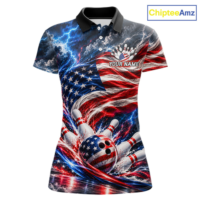 US Flag Bowling Polo 1/4-Zip Shirt Custom Patriot Lightning Bowling Tournament Jersey