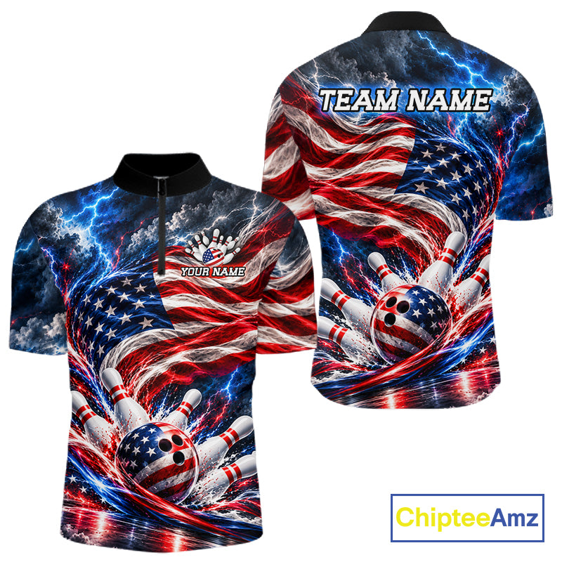 US Flag Bowling Polo 1/4-Zip Shirt Custom Patriot Lightning Bowling Tournament Jersey