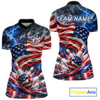 US Flag Bowling Polo 1/4-Zip Shirt Custom Patriot Lightning Bowling Tournament Jersey