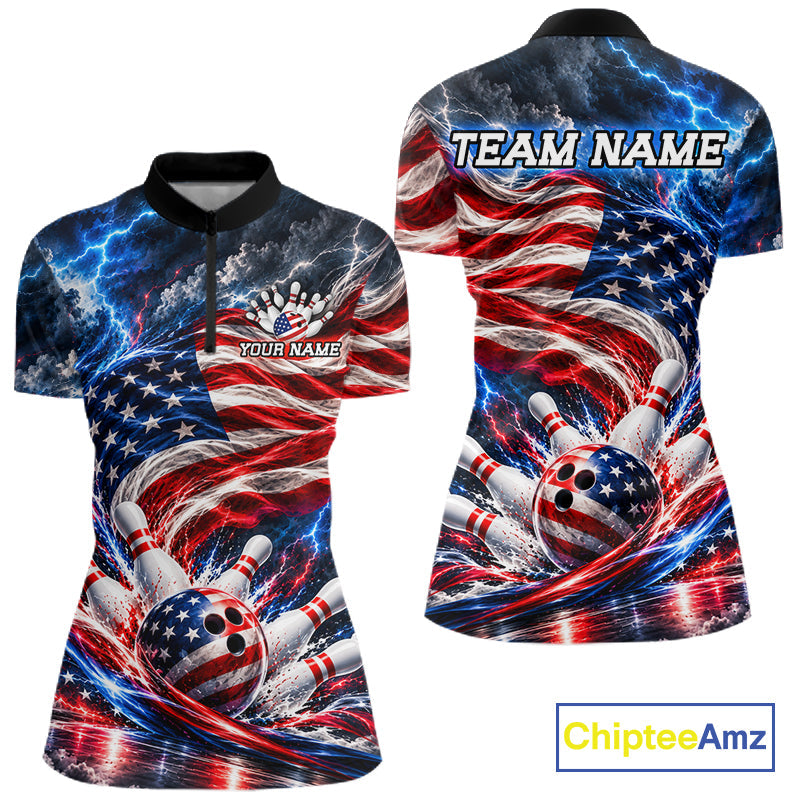 US Flag Bowling Polo 1/4-Zip Shirt Custom Patriot Lightning Bowling Tournament Jersey