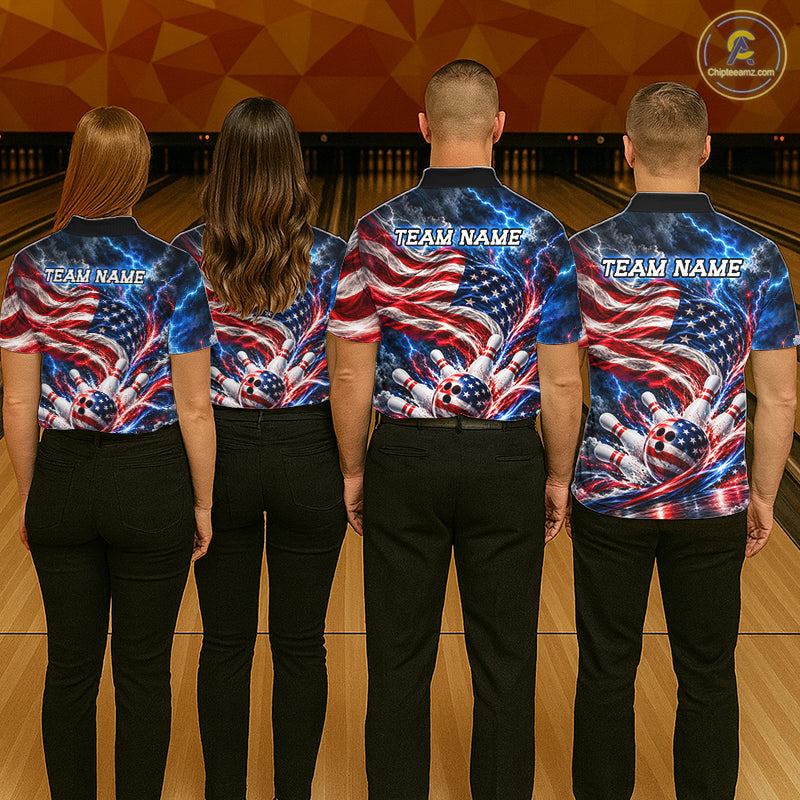 US Flag Bowling Polo 1/4-Zip Shirt Custom Patriot Lightning Bowling Tournament Jersey