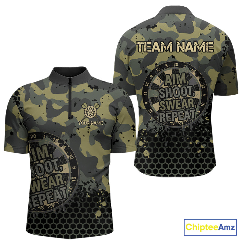 Custom Dart Shirt Green Camo Aim Shoot Swear Repeat Jersey Personalized Darts Player Gift