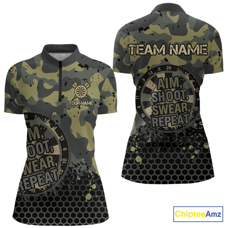 Custom Dart Shirt Green Camo Aim Shoot Swear Repeat Jersey Personalized Darts Player Gift