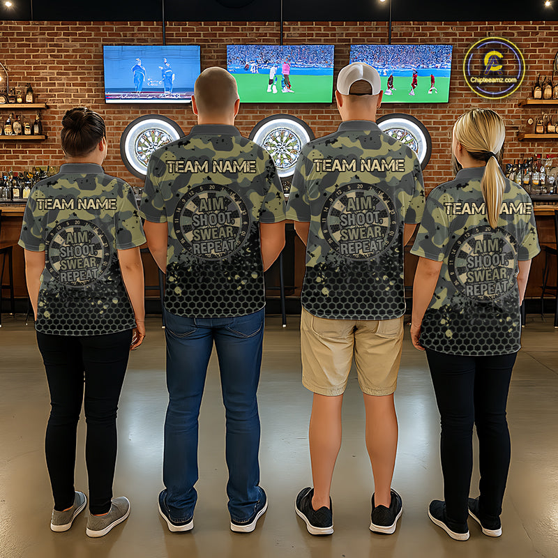 Custom Dart Shirt Green Camo Aim Shoot Swear Repeat Jersey Personalized Darts Player Gift