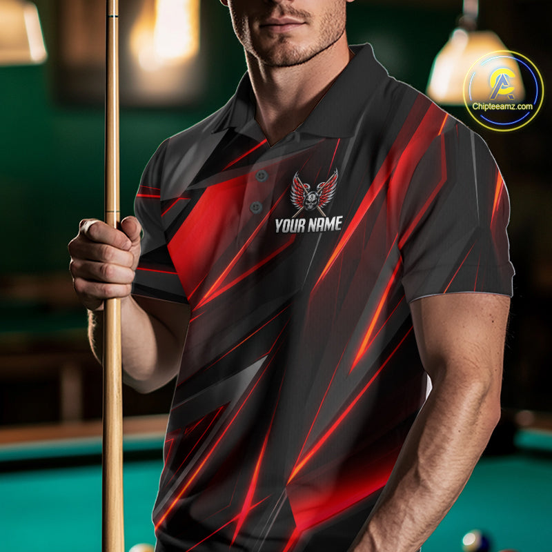 Custom Wings Cue 8 Ball Skull Pool Billiard Shirt Red Geometric Billiard Tournament Shirt