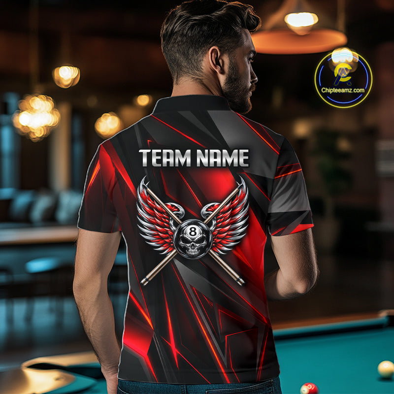 Custom Wings Cue 8 Ball Skull Pool Billiard Shirt Red Geometric Billiard Tournament Shirt