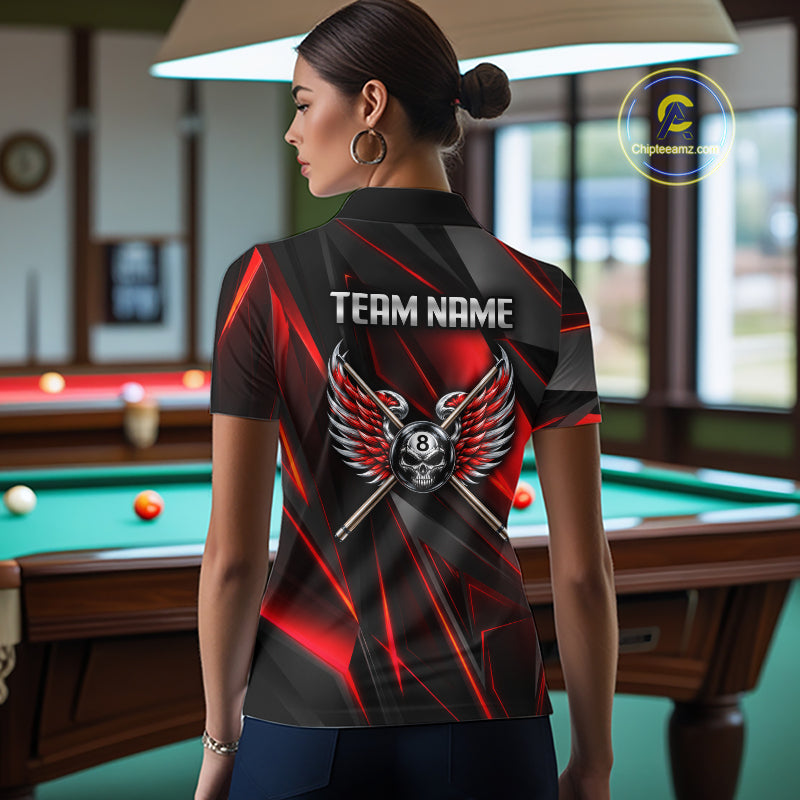 Custom Wings Cue 8 Ball Skull Pool Billiard Shirt Red Geometric Billiard Tournament Shirt