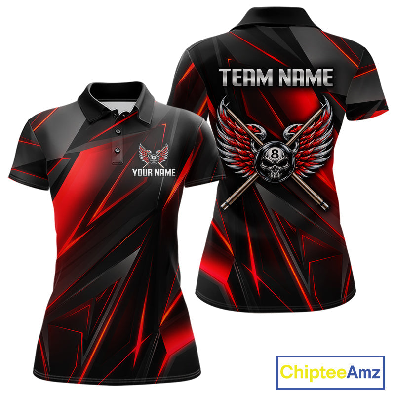 Custom Wings Cue 8 Ball Skull Pool Billiard Shirt Red Geometric Billiard Tournament Shirt