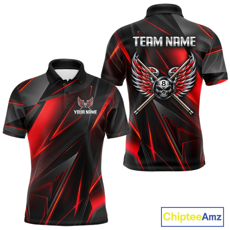 Custom Wings Cue 8 Ball Skull Pool Billiard Shirt Red Geometric Billiard Tournament Shirt