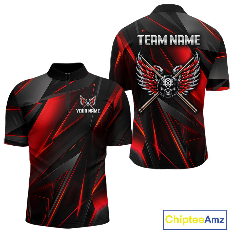 Custom Wings Cue 8 Ball Skull Pool Billiard Shirt Red Geometric Billiard Tournament Shirt