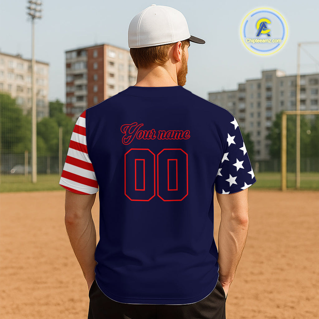 Custom Red And Blue Baseball Shirt Personalized Patriotic Baseball Jersey