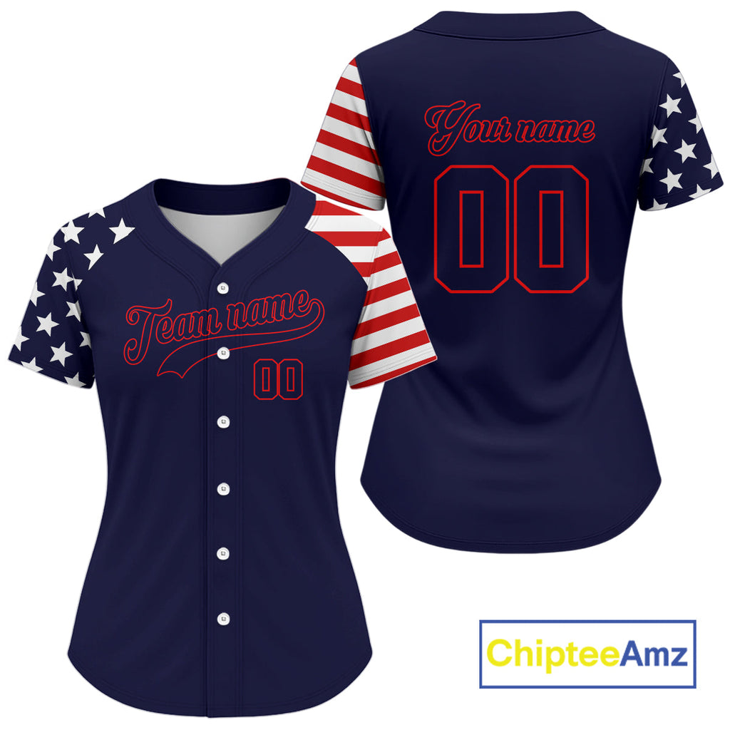 Custom Red And Blue Baseball Shirt Personalized Patriotic Baseball Jersey