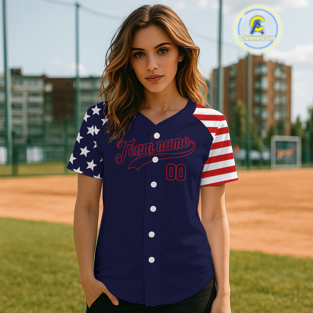 Custom Red And Blue Baseball Shirt Personalized Patriotic Baseball Jersey