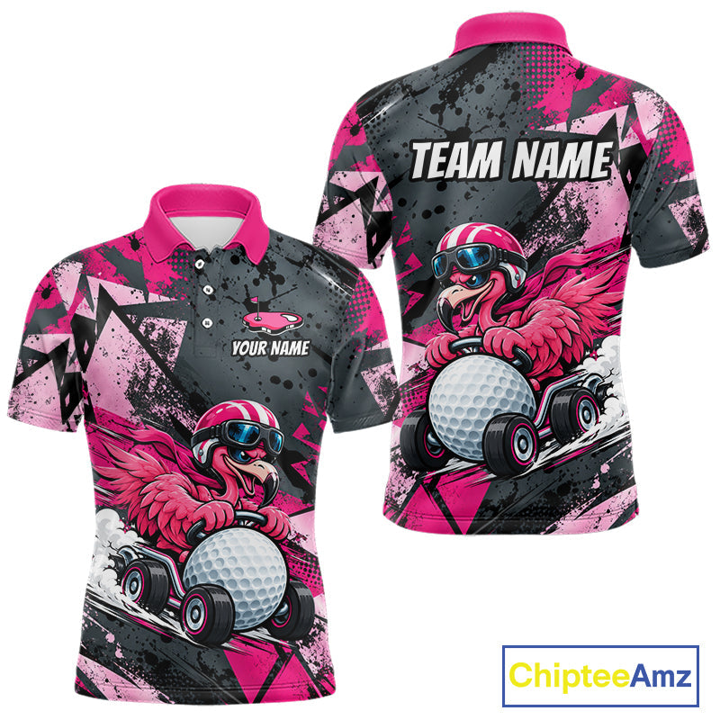 Personalized Golf Polo Shirt Custom Name Racing Flamingo Funny Golf Team Tournament Jersey