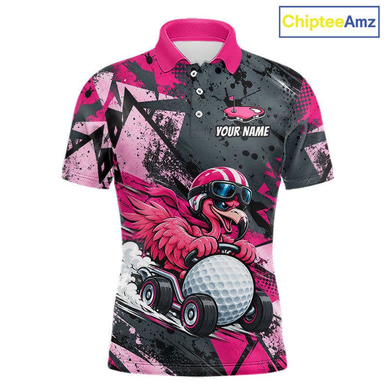 Personalized Golf Polo Shirt Custom Name Racing Flamingo Funny Golf Team Tournament Jersey
