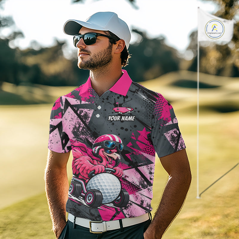 Personalized Golf Polo Shirt Custom Name Racing Flamingo Funny Golf Team Tournament Jersey