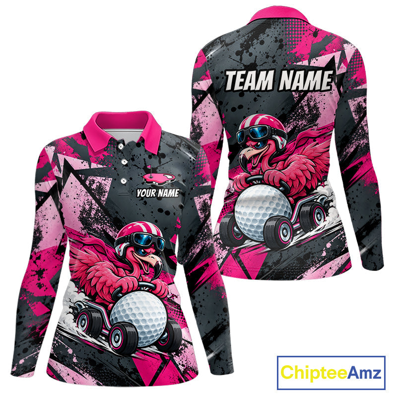 Personalized Golf Polo Shirt Custom Name Racing Flamingo Funny Golf Team Tournament Jersey