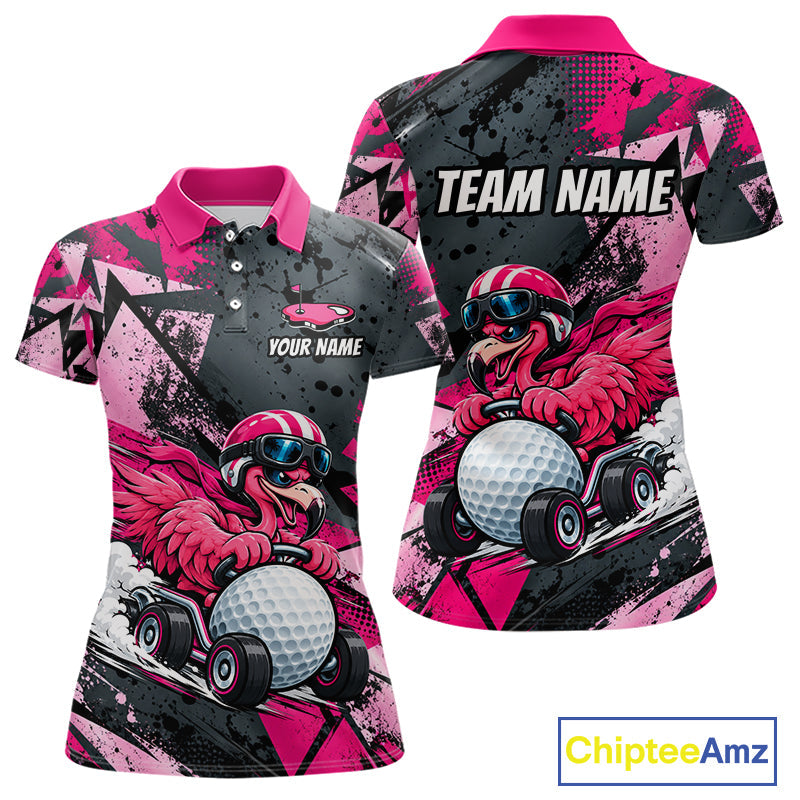 Personalized Golf Polo Shirt Custom Name Racing Flamingo Funny Golf Team Tournament Jersey