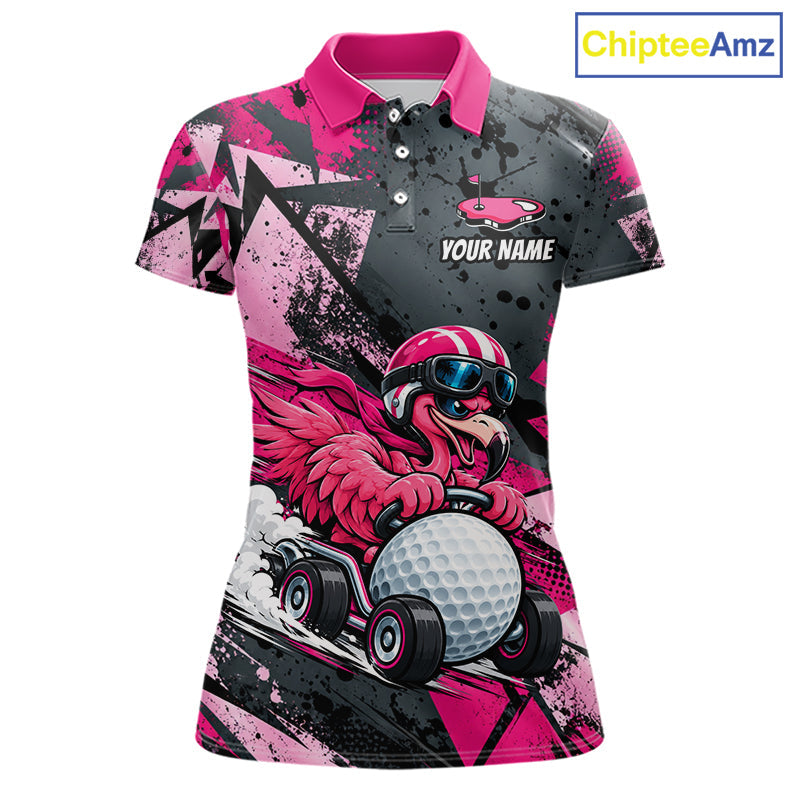 Personalized Golf Polo Shirt Custom Name Racing Flamingo Funny Golf Team Tournament Jersey
