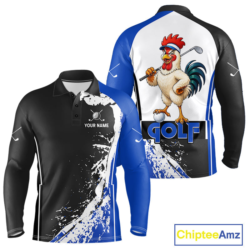 Funny Rooster Golfer Golf Polo Shirts Custom Blue Splatter Golf Team Outfits Golf Gift