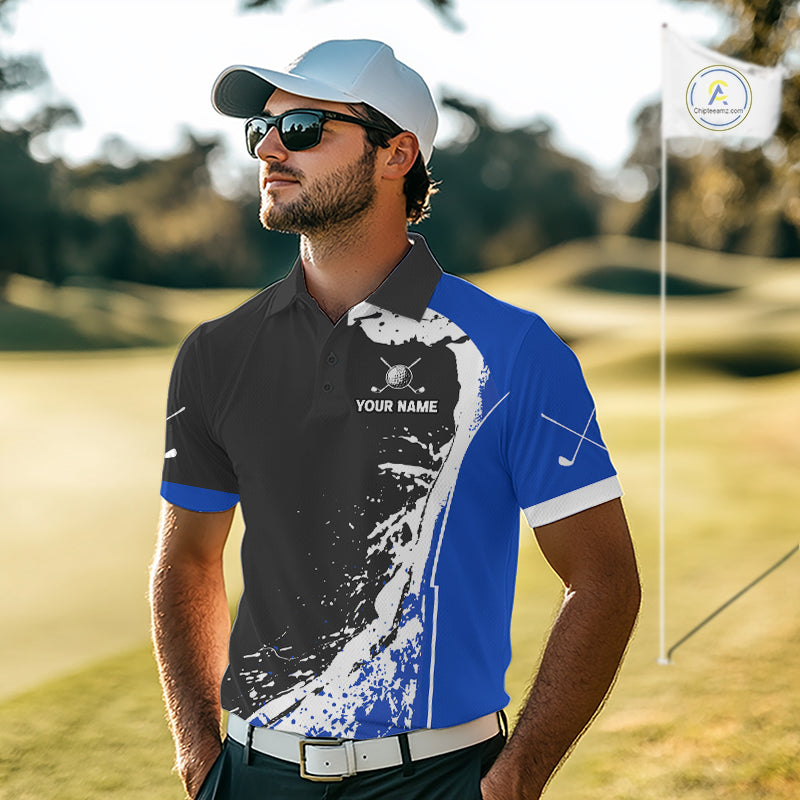 Funny Rooster Golfer Golf Polo Shirts Custom Blue Splatter Golf Team Outfits Golf Gift