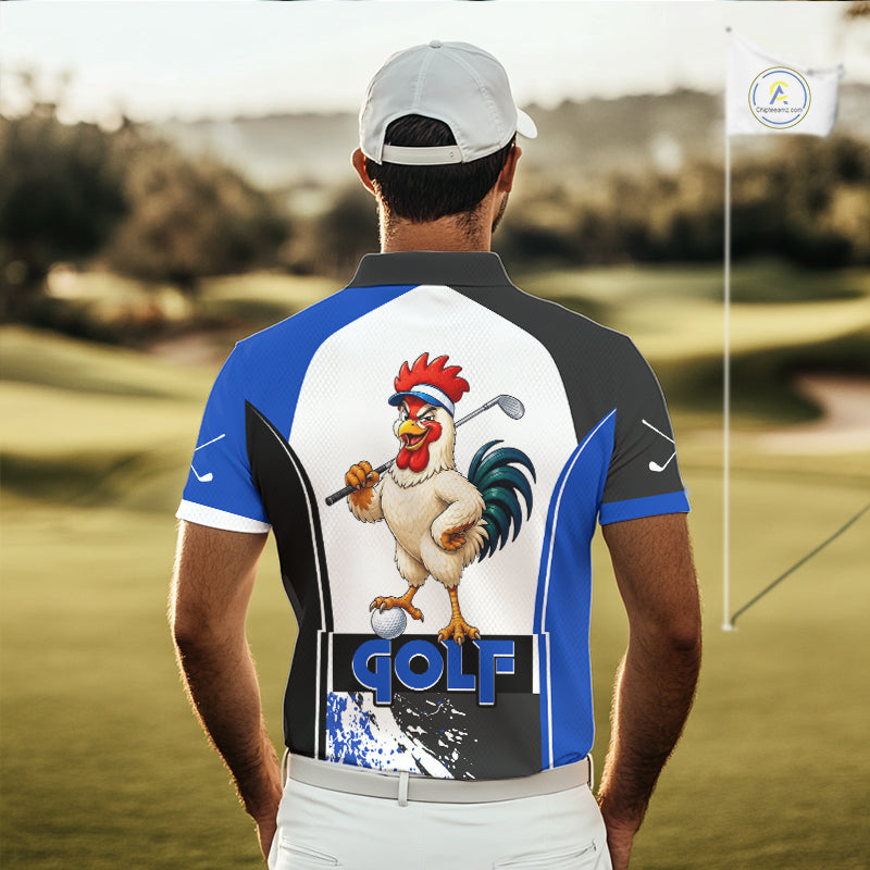 Funny Rooster Golfer Golf Polo Shirts Custom Blue Splatter Golf Team Outfits Golf Gift