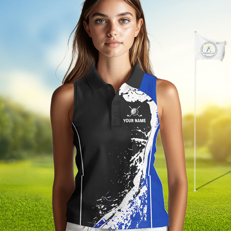Funny Rooster Golfer Golf Sleeveless Polo Shirts Custom Blue Splatter Golf Team Outfits Golf Gift