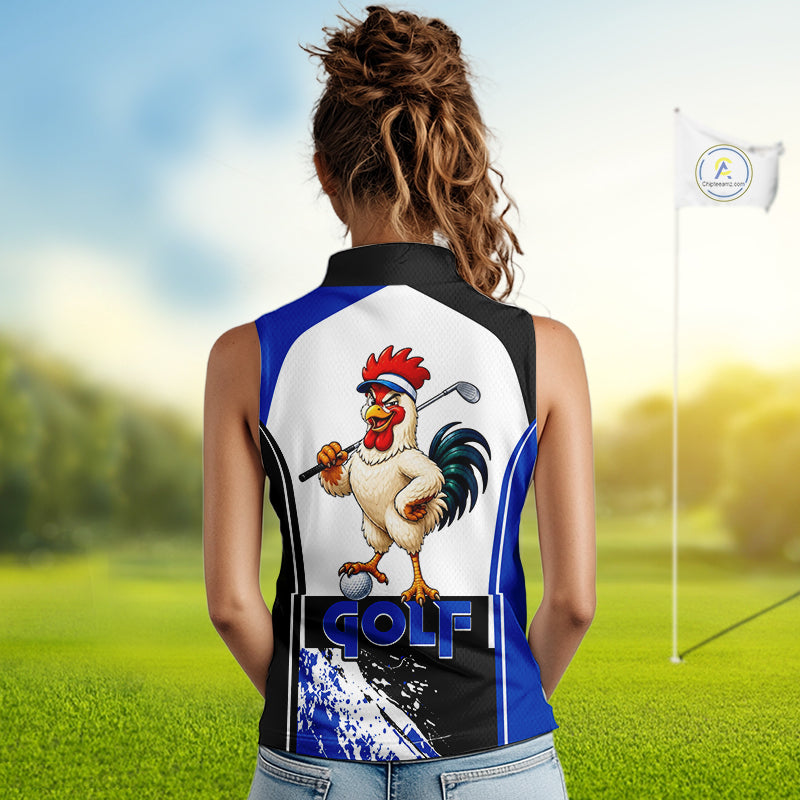 Funny Rooster Golfer Golf Sleeveless Polo Shirts Custom Blue Splatter Golf Team Outfits Golf Gift