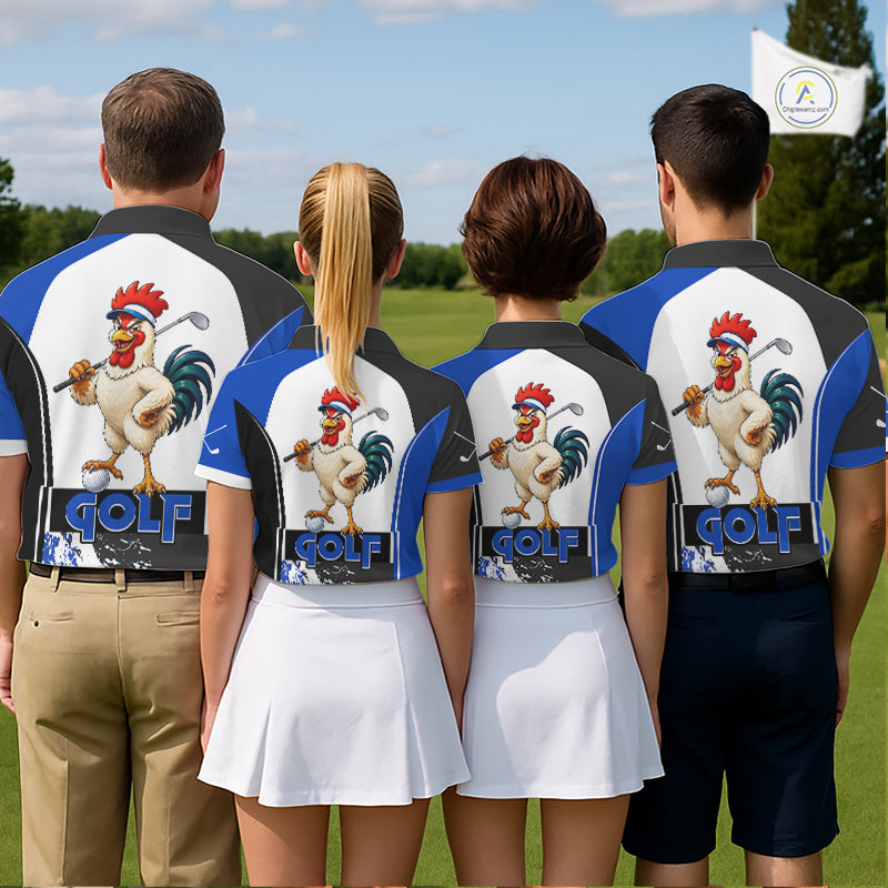 Funny Rooster Golfer Golf Polo Shirts Custom Blue Splatter Golf Team Outfits Golf Gift