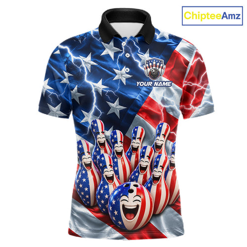Custom American Flag Bowling Shirt Personalized Funny Smiling Pins Bowling Ball Team Jersey