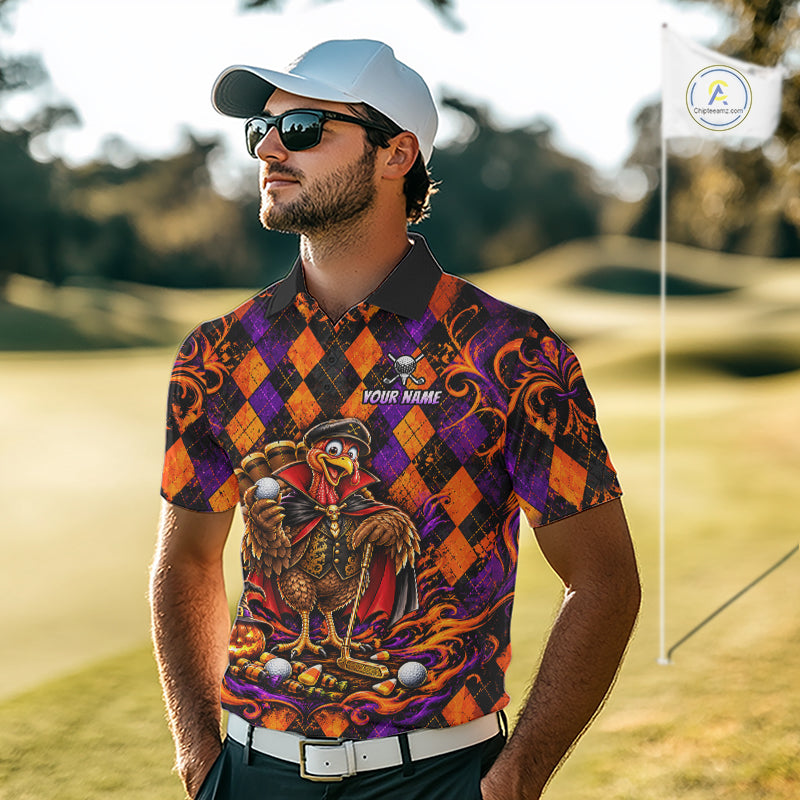 Custom Orange Purple Argyle Turkey Golf Polo Shirt Funny Thanksgiving Golf Team Jersey