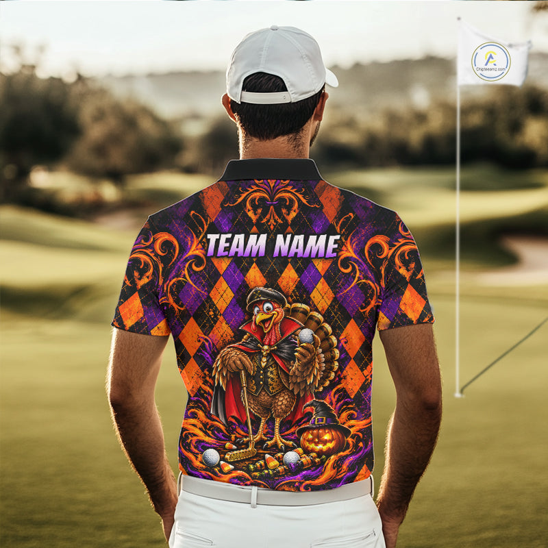 Custom Orange Purple Argyle Turkey Golf Polo Shirt Funny Thanksgiving Golf Team Jersey