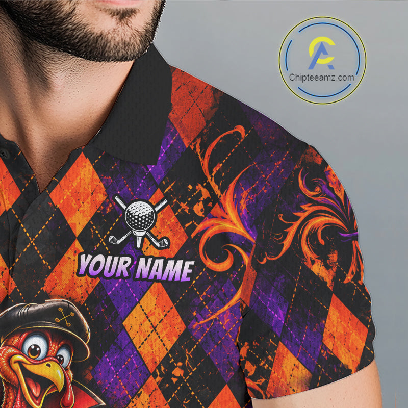 Custom Orange Purple Argyle Turkey Golf Polo Shirt Funny Thanksgiving Golf Team Jersey
